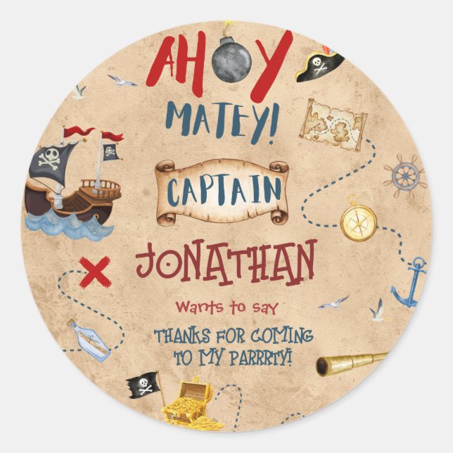 Pegatina Redonda Niños piratas fiesta cumpleaños gracias (Anverso)