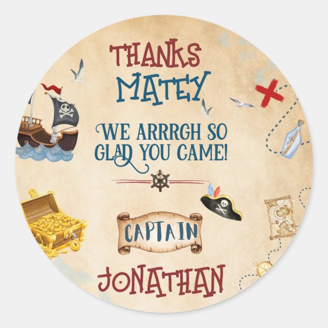 Pegatina Redonda Niños piratas fiesta cumpleaños gracias Favor (Anverso)