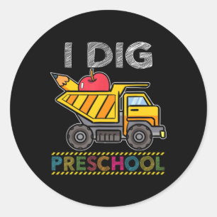 Pegatina Redonda Niños que Excavan Preescolar Camión Escuela Maestr