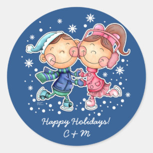 Pegatina Redonda Niños que patinan Navidades Personalizados Mono
