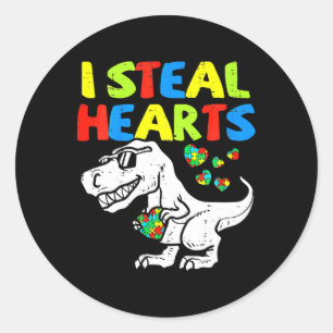 Pegatina Redonda Niños Roban Corazones Trex Dinosaur Por