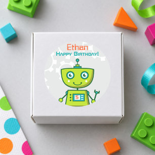 Pegatina Redonda Niños Robot Verde Feliz Cumpleaños