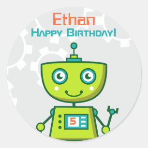 Pegatina Redonda Niños Robot Verde Feliz Cumpleaños
