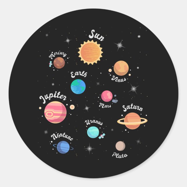 Pegatina Redonda Niños Sistema Solar Planetas Conocimiento Espacio  (Anverso)