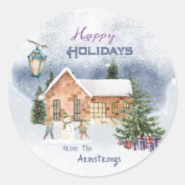 Pegatina Redonda Niños Snowman de árbol de Navidad entregan escena 