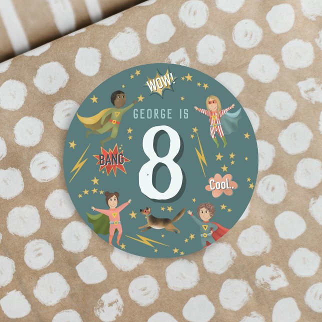 Pegatina Redonda Niños Superhéroes Niños Mayores de Edad Cumpleaños (Subido por el creador)
