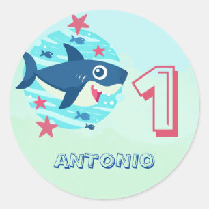 Pegatina Redonda Niños tiburones de cualquier edad cumpleaños lindo