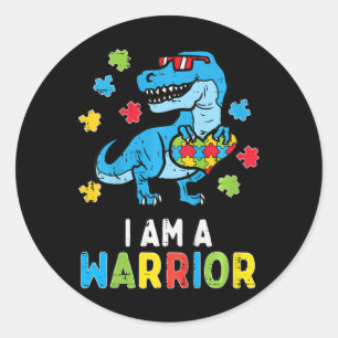 Pegatina Redonda Niños Trex Dino Soy Un Niño Guerrero Autismo