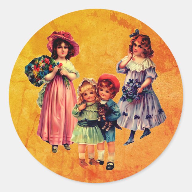 Pegatina Redonda Niños victorianos Arte de época (Anverso)