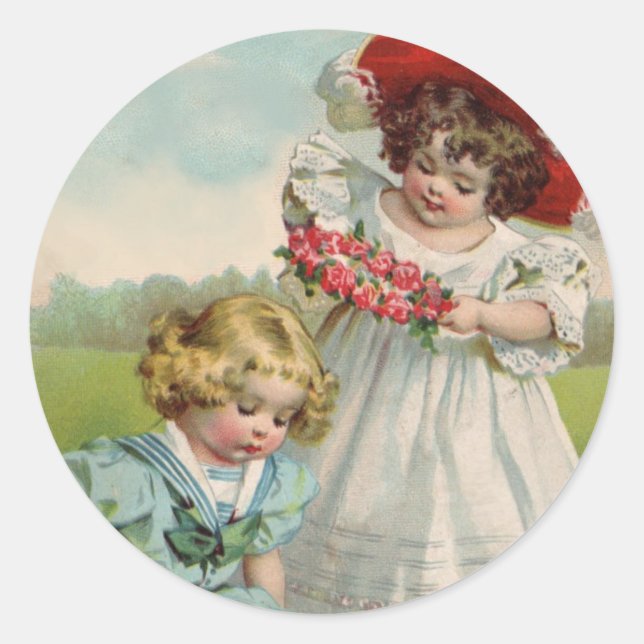 Pegatina Redonda Niños Victorianos Jardín de Verano Vintage Niñas (Anverso)