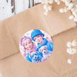 Pegatina Redonda Niños Vintage con Cachorros Azules y Rosas de Navi