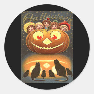 Pegatina Redonda Niños y gatos de Halloween de época