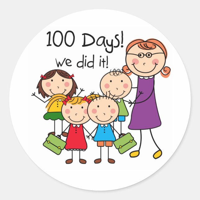Pegatina Redonda Niños y profesora 100 días (Anverso)