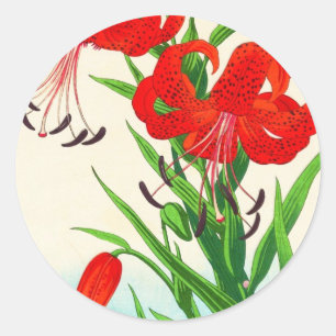 Pegatina Redonda Nishimura Hodo Tiger Lilies shin hanga flores