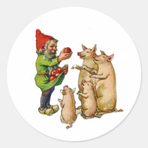 Pegatina Redonda Nisse Gnome noruego vintage con cerdos Navidades