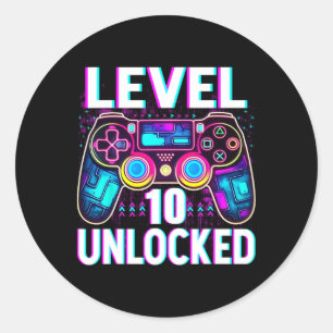 Pegatina Redonda Nivel 10 Desbloqueados Shirt Gracioso Video Gamer 