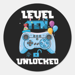 Pegatina Redonda Nivel 10 Video Gamer desbloqueado 10 cumpleaños