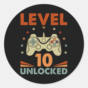 Pegatina Redonda Nivel 10 Video Gamer desbloqueado 10 cumpleaños 10