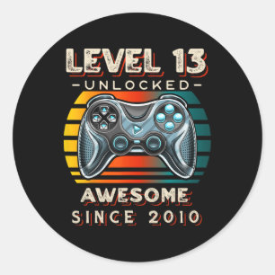 Pegatina Redonda Nivel 13 Videojuego desbloqueado 13 cumpleaños 13 