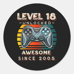 Pegatina Redonda Nivel 18 Videojuego desbloqueado 18º cumpleaños 18