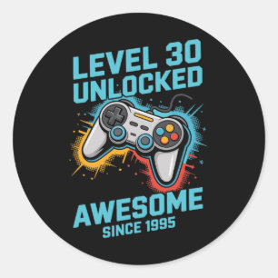Pegatina Redonda Nivel 30 Desbloqueado Cumpleaños 30 de Gamer