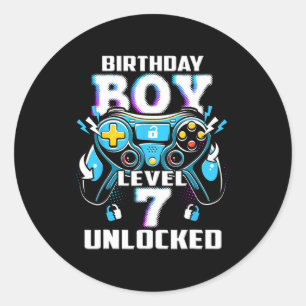 Pegatina Redonda Nivel 7 Desbloqueado Videojuego 7º Cumpleaños Niño