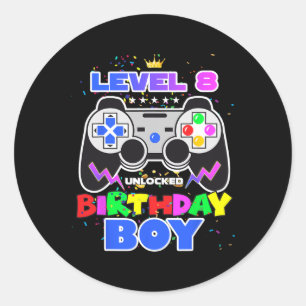 Pegatina Redonda Nivel 8 Desbloqueado Cumpleaños Niño Videojuego 8 