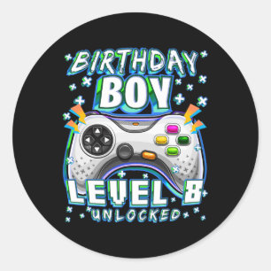 Pegatina Redonda Nivel 8 Desbloqueado Videojuego Cumpleaños 8 Años