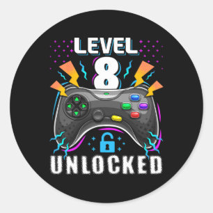 Pegatina Redonda Nivel 8 Desbloqueado Videojuego Cumpleaños 8 Gif p