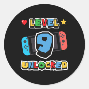 Pegatina Redonda Nivel 9 Desbloqueado Cumpleaños 9 Niños Videojuego