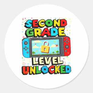 Pegatina Redonda Nivel de 2do Grado Desbloqueado Chicos Gamer Diver