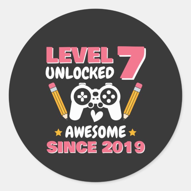 Pegatina Redonda Nivel de Cumpleaños de Gamer Desbloqueado 7 Desde  (Anverso)