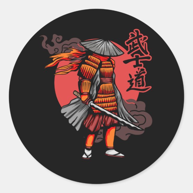 Pegatina Redonda Niza Retro Samurai - Samurai sostiene Katana (Anverso)
