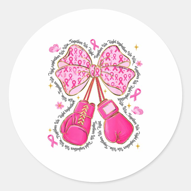 Pegatina Redonda Nk Ribbon Bow Boxing Gloves Breast Cancer Awarenes (Anverso)