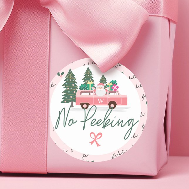 Pegatina Redonda No a los Navidades rosados de la época de Peeking  (No Peeking Vintage Pink Christmas Van Santa Classic Round Sticker)