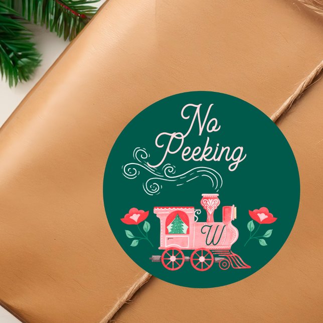 Pegatina Redonda No a un monograma de tren de cosecha rosada (No Peeking Pink Vintage Train Monogram Green Classic Round Sticker)