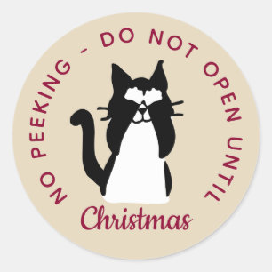 Pegatina Redonda No Abrir Hasta Navidad Gatito Kitty Peekaboo