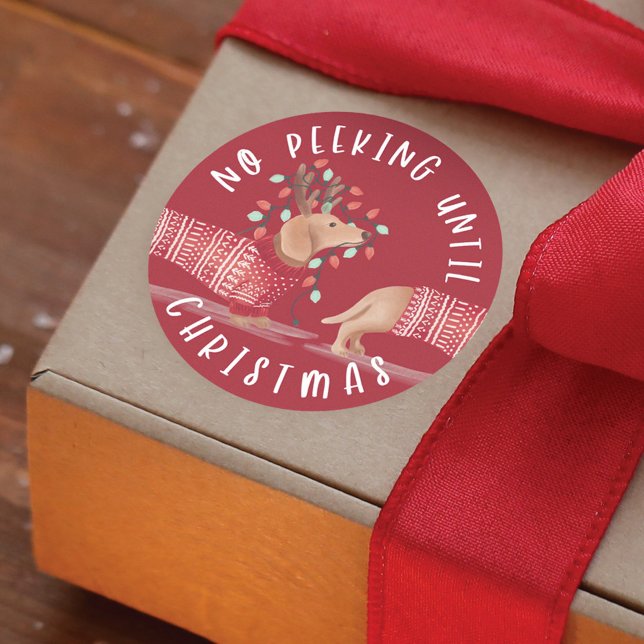Pegatina Redonda No buscar hasta los Navidades | Rojo de perro de D (No Peeking Until Christmas | Dachshund Dog Red Classic Round Sticker)