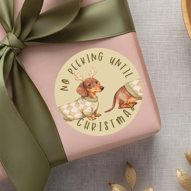 Pegatina Redonda No buscar hasta que los Navidades corten al perro  (No Peeking Until Christmas Cute Dachshund Dog Classic Round Sticker)
