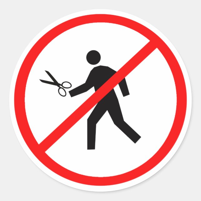 Pegatina Redonda ¡No corras con tijeras! (Anverso)