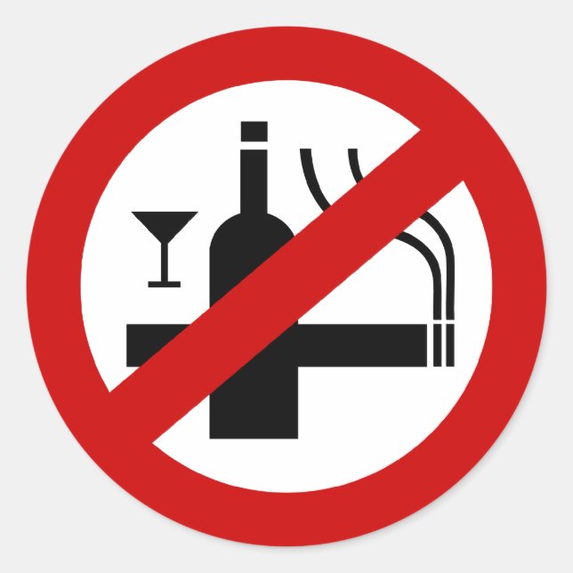 Pegatina Redonda NO fumar alcohol ⚠ Rótulo tailandés ⚠ (Anverso)