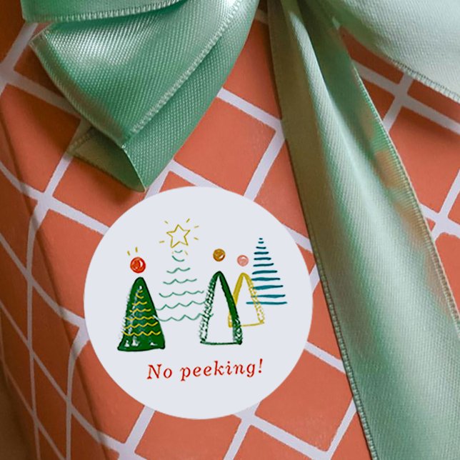 Pegatina Redonda No hay acuarelas de Peeking Árboles de Navidad (No Peeking Watercolor Christmas Trees Classic Round Sticker)