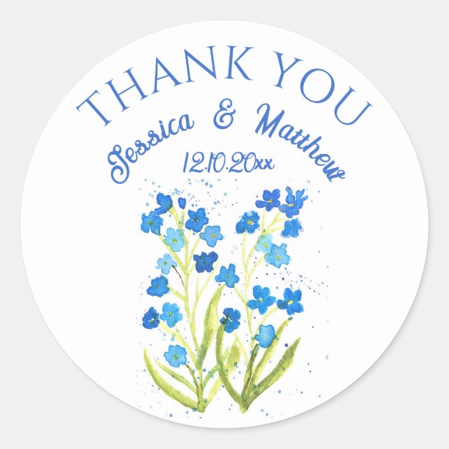 Pegatina Redonda No me olvides Bodas acuarela floral azul (Anverso)