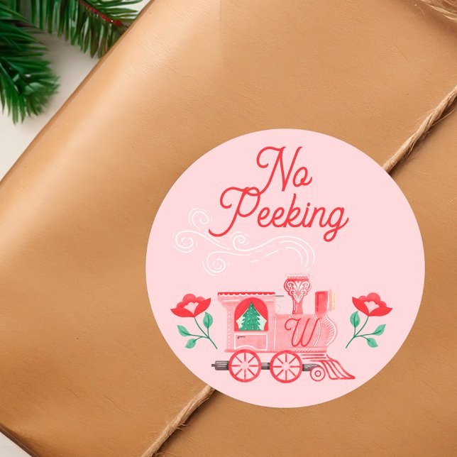 Pegatina Redonda No Peeke Pink Vintage Monograma Rosa (No Peeking Pink Vintage Train Monogram Pink Classic Round Sticker)