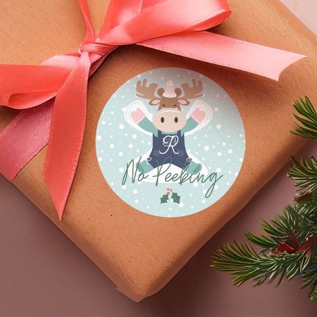 Pegatina Redonda No Peeking Cute Woodland Moose Angel de Nieve (No Peeking Cute Woodland Moose Snow Angel Classic Round Sticker)