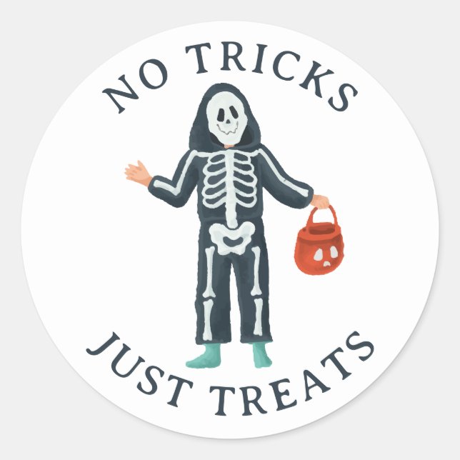 Pegatina Redonda No Tricks Just Treats Halloween | Cute Skeleton (Anverso)