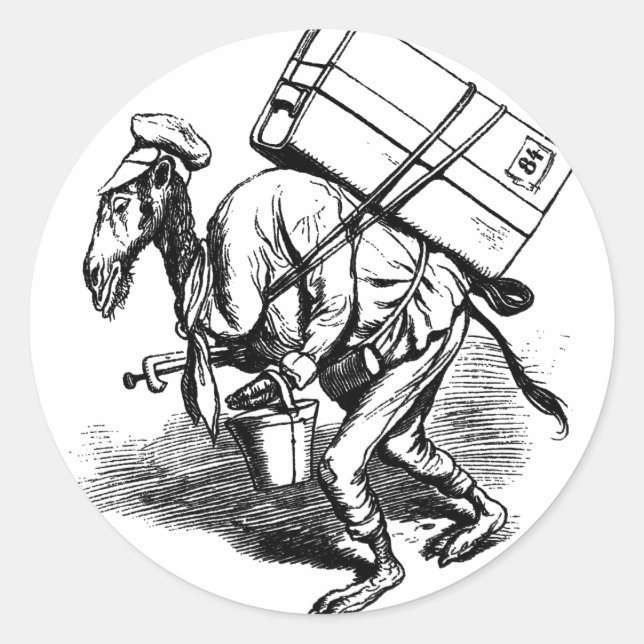 Pegatina Redonda No viajas ligero - Camello llevando bolsas pesadas (Anverso)