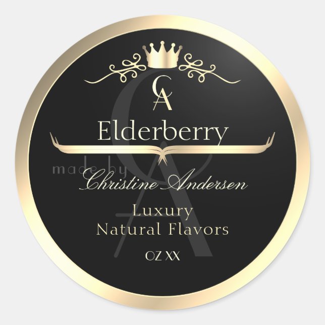 Pegatina Redonda Noble Black Product Label with Gold Frame Monogram (Anverso)