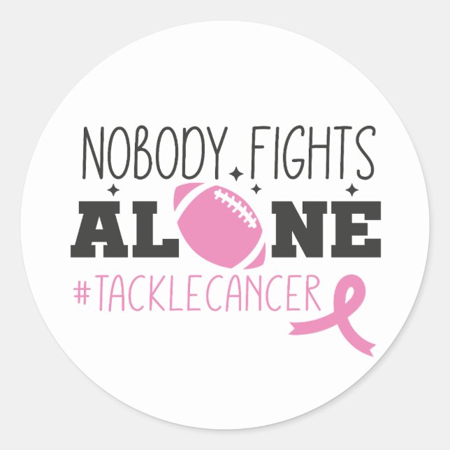 Pegatina Redonda Nobody Fights Alone Breast Cancer Pink Ribbon (Anverso)