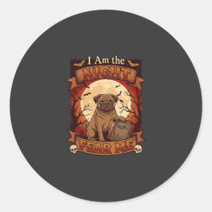 Pegatina Redonda Noche Am Me Teme Halloween Pug Luna Lápida